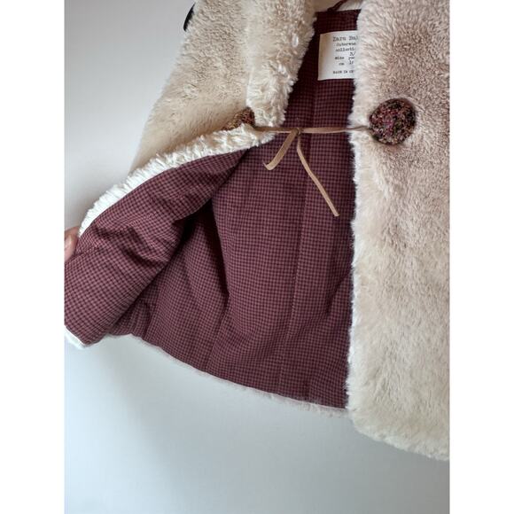 Zara Outerwear Collection Vest Ivory Faux Fur Tie Front Check Lining 3/4 yrs - Picture 6 of 10